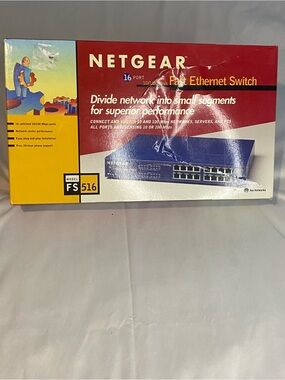 NETGEAR 16-Port Fast Ethernet Switch in Blue and Red Box Artwork